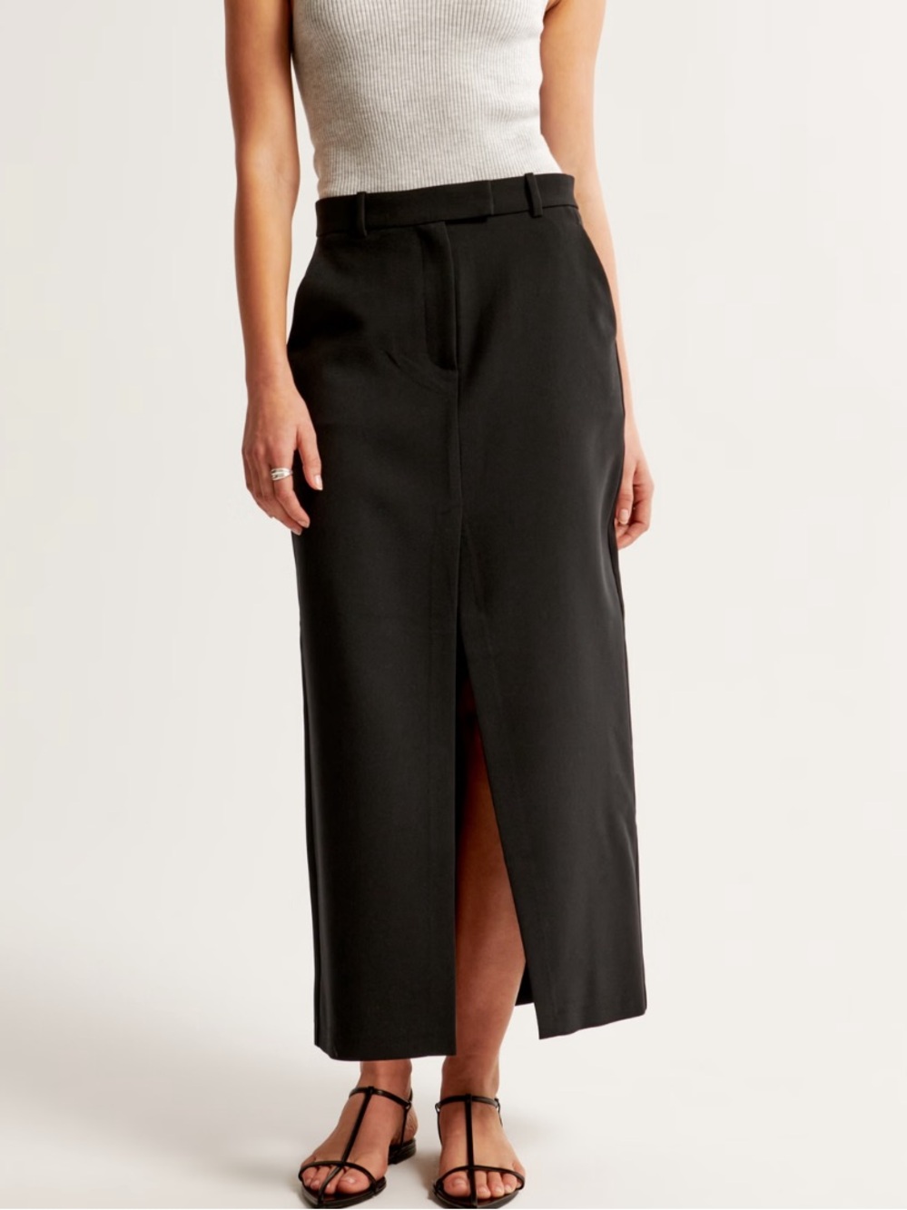 Abercrombie & Fitch Black Front-Slit Midi Skirt with Belted Waist